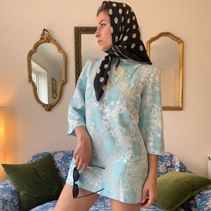 🇬🇧 Vintage 1960s Blue Satin Jacquard Mini Dress Mod Twiggy London S